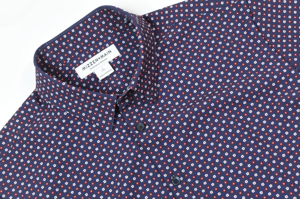 Mizzen+Main Floral Shirt Mens Large Blue Red Short Sleeve Button-Up Trim Fit